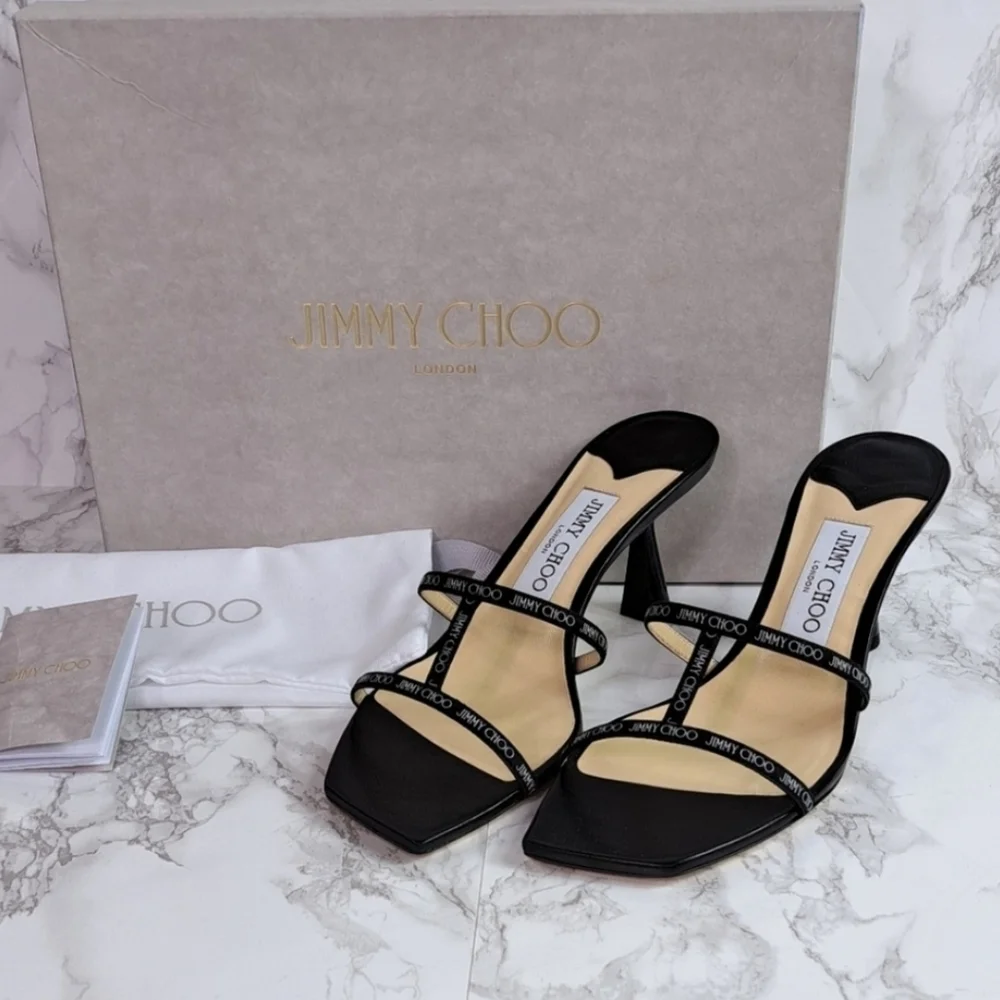 Jimmy Choo Ria 65mm Black Nappa Leather Mules Size 38 IT/EU